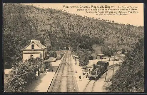 AK Monthermé, château Regnault, la gare et gare du chemin de fer