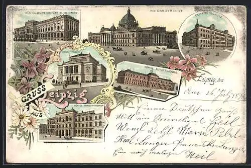 Lithographie Leipzig, Reichsgericht, Kgl. Conservatorium, Gewerbeschule