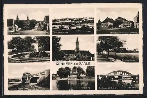 AK Könnern a. d. Saale, Obere Braunschweiger Strasse mit Geschäft, Neumarkt mit Geschäft, Am Springbrunnen