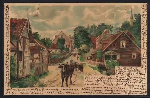 Künstler-AK Carl Münch: Schierke, Dorfpartie mit Rindern auf dem Weg, Fachwerkhäuser