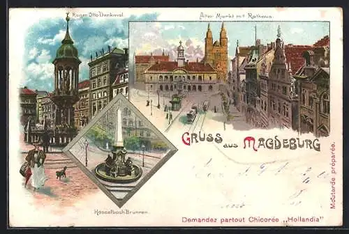 Lithographie Magdeburg, Hasselbach-Brunnen, Alter Markt mit Rathaus, Kaiser Otto-Denkmal