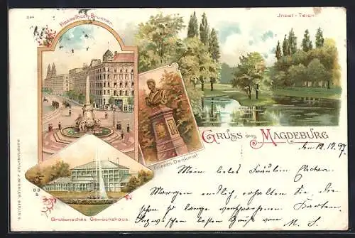 Lithographie Magdeburg, Hasselbach-Brunnen, Grusorsches Gewächshaus, Friesen-Denjmal, Insel-Teich