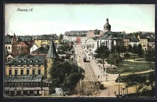 AK Plauen / Vogtland, Unterer Graben mit Strassenbahn und Restaurant zum Tunnel