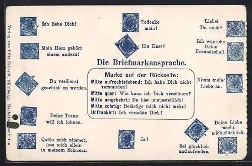 AK Briefmarkensprache, Ich liebe Dich!, Ein Kuss!, Ja!