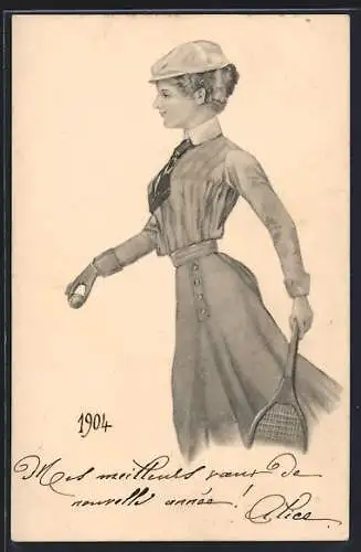 Künstler-AK Dame im Kleid mit Tennisschläger und Ball