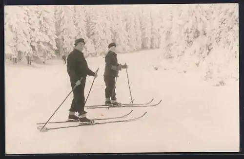 Foto-AK Paar beim Skilanglauf im verschneiten Wald