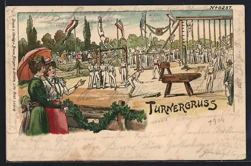 Lithographie Turnergruss, Frauen schauen Turnern beim Turnier zu