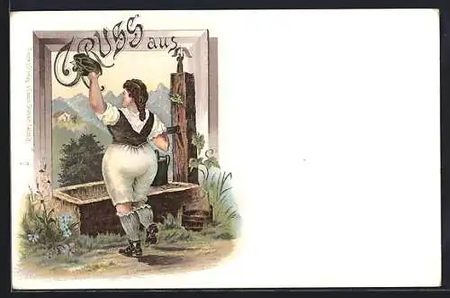 Lithographie Frau macht eine Pause beim Bergsteigen