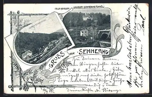 AK Semmering, Ortsansicht mit Villa Biensdorf und dem grossen Semmering-Tunnel