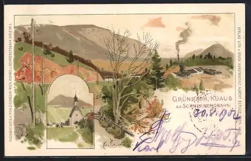 Lithographie Grünbach-Klaus a. d. Schneebergbahn, Die Kirche, Ortsansicht