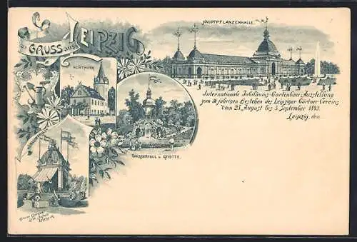 Lithographie Leipzig, Internationale Jubiläums-Gartenbau-Ausstellung 1893, Hauptpflanzenhalle, Wasserfall und Grotte