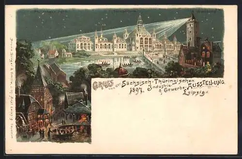 Lithographie Leipzig, Sächsisch-Thüringische Industrie- & Gewerbe-Ausstellung 1897, Haupthalle mit Thüringer Dorf