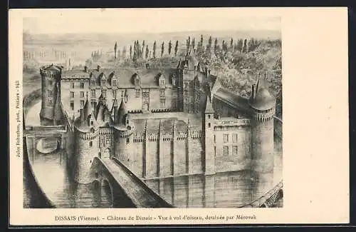 AK Dissais, Château de Dissais, Vue à vol d`oiseau, dessinée par Mérovak