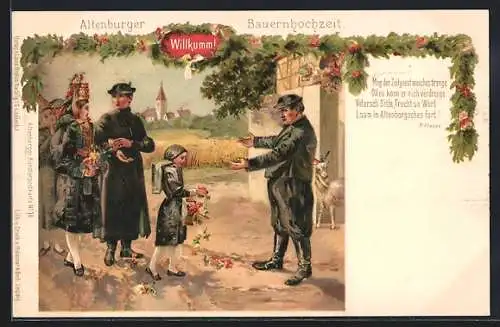 Lithographie Altenburg / Thüringen, Braut in Tracht und Blumenmädchen zur Hochzeit