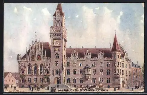Künstler-AK Charles F. Flower: Saarbrücken-St. Johann, Totalansicht des Rathaus