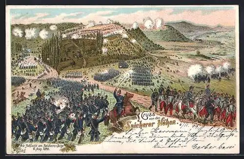 Lithographie Saarbrücken, Spicherer Höhen, Soldaten in der Schlacht am Spicherer Berge 1870