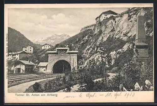 AK St. Anton am Arlberg, Arlberg-Tunnel, Ostportal mit Lott-Denkmal