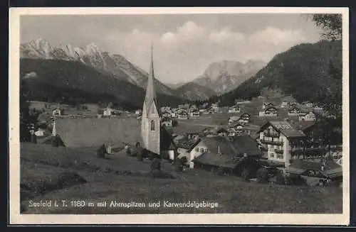 AK Seefeld i. T., Ortsansicht mit Ahrnspitzen und Karwendelgebirge