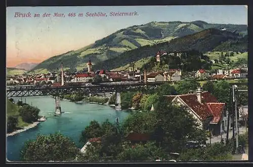 AK Bruck an der Mur, Ortsansicht mit Brücke