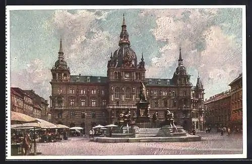 Künstler-AK Graz, Rathaus und Erzherzog Johann-Denkmal