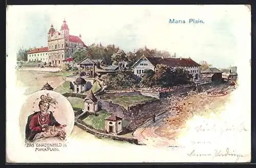 Künstler-AK Franz Kulstrunk: Maria Plain bei Salzburg, Ortspartie mit Kirche, Das Gnadenbild