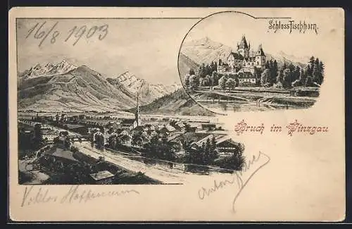 AK Bruck im Pinzgau, Schloss Fischhorn, Ortsansicht aus der Vogelschau