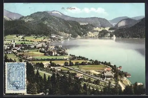 AK St. Gilgen, Totalansicht am Wasser mit Gebirge