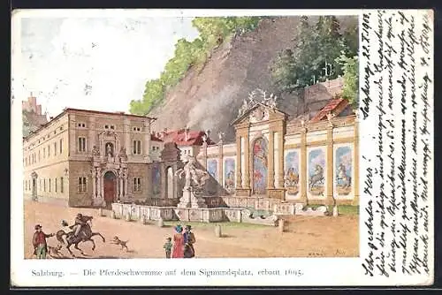 Künstler-AK Salzburg, Die Pferdeschwemme auf dem Sigmundsplatz, erbaut 1695