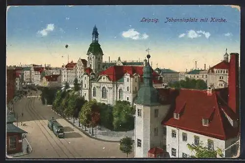 AK Leipzig, Johannisplatz mit Kirche und Strassenbahn