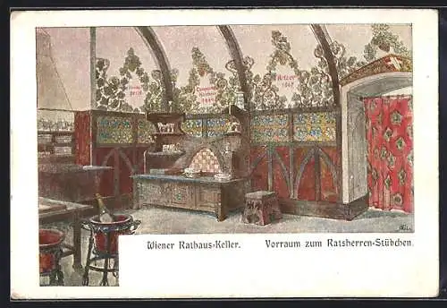 Künstler-AK Wien, Restaurant Rathaus-Keller, Vorraum zum Ratsherren-Stübchen, Innenansicht