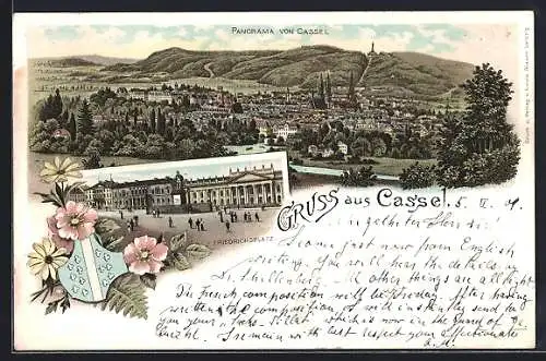 Lithographie Kassel, Panorama von Kassel, Friedrichsplatz, Wappen