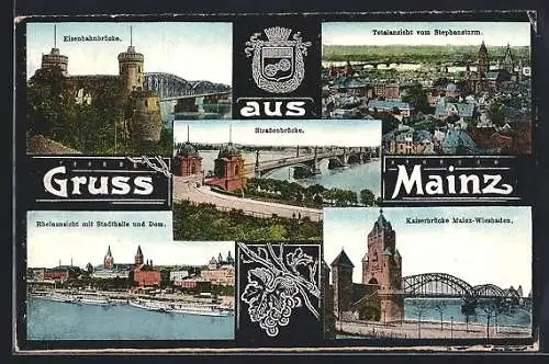 AK Mainz, Eisenbahnbrücke, Strassenbrücke, Stephansturm, Kaiserbrücke