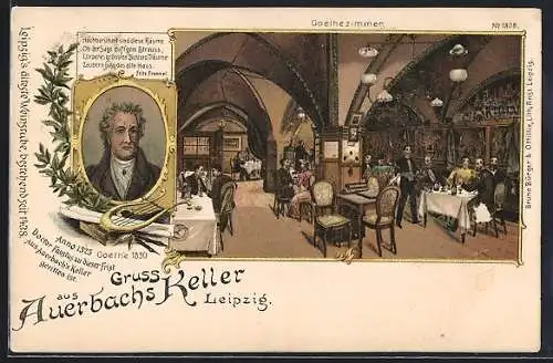 Lithographie Leipzig, Gasthaus Auerbachs Keller - Goethezimmer, Goetheportrait