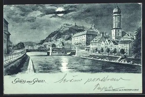 Mondschein-Lithographie Graz, Flusspartie mit Brücke bei Nacht