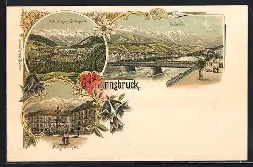 Lithographie Innsbruck, Unterberg mit Stefansbrücke und Margarethenplatz