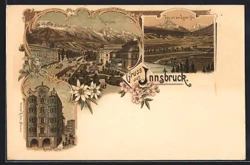 Lithographie Innsbruck, Rennplatz und Igls mit Lauser See