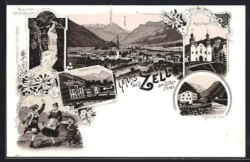 Lithographie Zell am Ziller, Maria Rast, Klamm bei Zell und Wasserfall i. d. Gerlosklamm