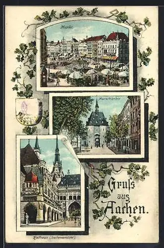 Lithographie Aachen, Markt, Marschiertor, Rathaus