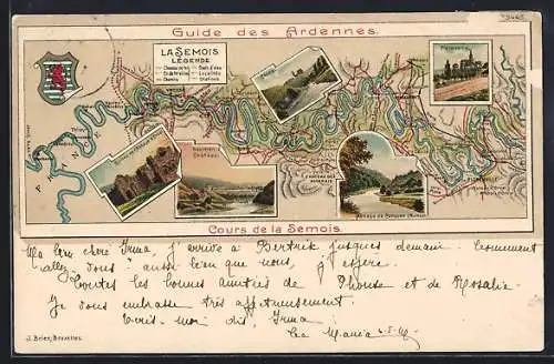 Lithographie Bouillon, Cours de la Semois, Chiny, Florenville, Abbaye de Conques, Bouillon Chateau, Wappen