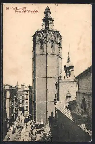 AK Valencia, Torre del Miguelete, Strassenpartie mit Strassenbahn