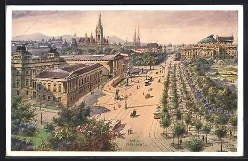 Künstler-AK Wien, Ring mit Parlament, Rathaus, Burgtheater u. Universität aus der Vogelschau, Strassenbahnen