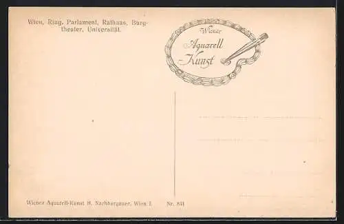 Künstler-AK Wien, Ring mit Parlament, Rathaus, Burgtheater u. Universität aus der Vogelschau, Strassenbahnen