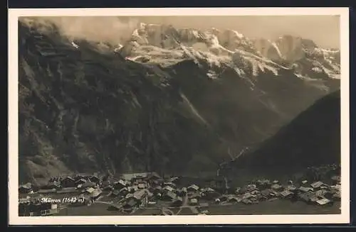 AK Mürren, Ortsansicht mit Gipfelpanorama aus der Vogelschau