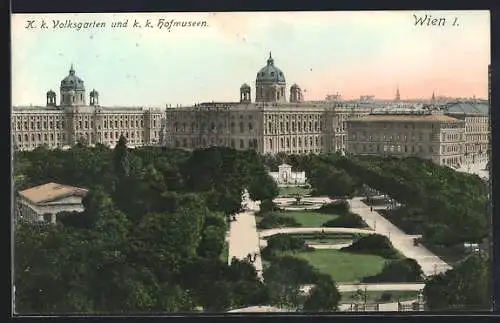 AK Wien, Volksgarten und Museum aus der Vogelschau