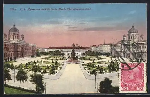 AK Wien, Hof-Museum und Maria Theresia-Monument aus der Vogelschau