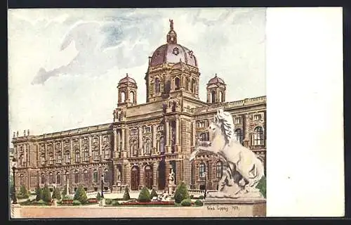 Künstler-AK Wien, Kunsthistorisches Museum mit Pferde-Statue
