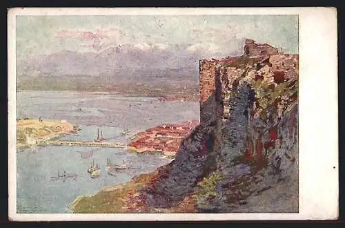 Künstler-AK Skutari / Skodra, Rotes Kreuz Nr. 582, Blick vom alten türkischen Kastell auf den Ort