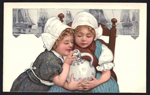 Lithographie Niederländische Mädchen spielen mit einem Krug