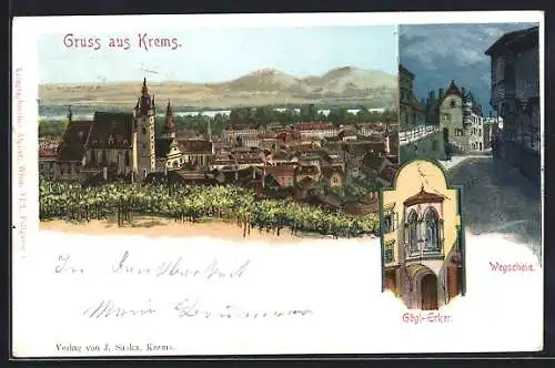 Lithographie Krems /Donau, Teilansicht mit Kirche, Wegscheid bie Nacht, Gögl-Erker