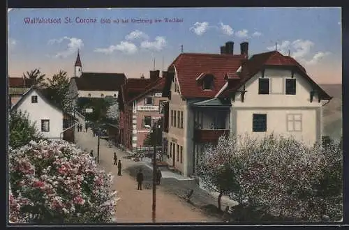 AK St. Corona, Hotel mit Passanten und Wohnhäusern